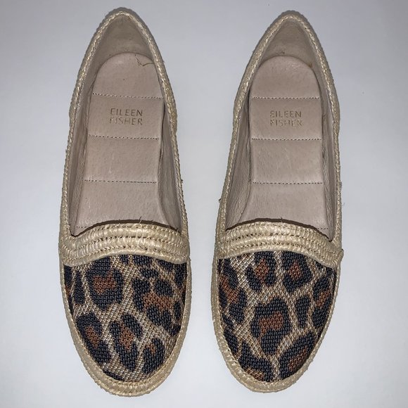 EILEEN FISHER Beige Leopard Print Raffia Borders Flat Shoes or Slippers 5.5 - Picture 1 of 7